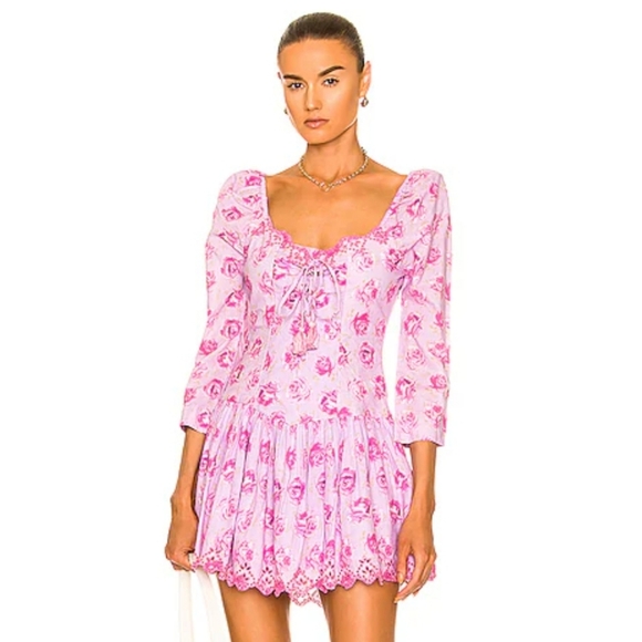 LOVESHACKFANCY Debra Mini Dress Lilac Fusion Size 0 Floral Cotton Purple - Picture 1 of 6
